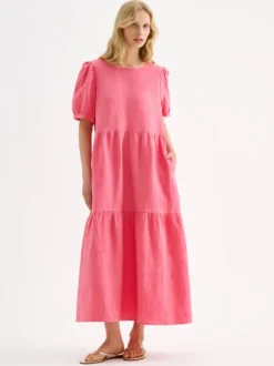 SARASTUS pitkä pellavamekko - pinkki